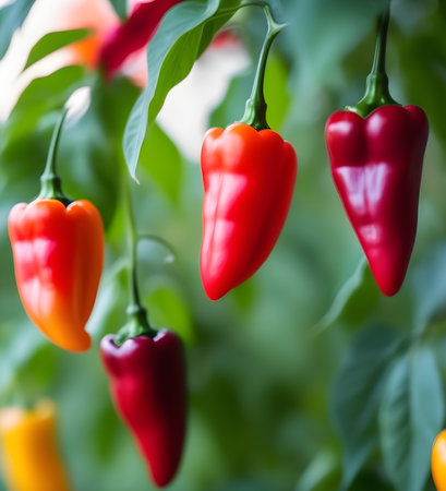 Red and yellow peppers growing in the garden. Shallow depth of field.の写真素材