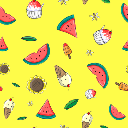 Watermelon , ice scream , sunflowers and ice Pattern Backgroundのイラスト素材