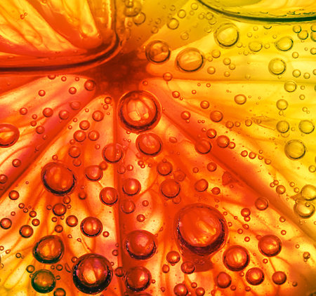 Citrus fruit with water drops close-up macro abstract backgroundの写真素材