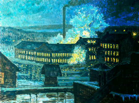 Neo-Impressionism. Night View of a Factory. Digital painting of a small town in the middle of the night.の写真素材