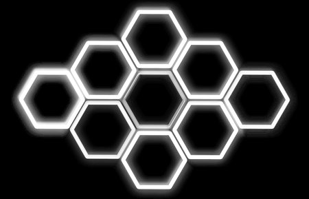 Honeycomb with neon lights on black background. Vector illustration.