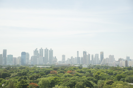 Green trees in Lumpini park and buildings in the city of Bangkokの写真素材