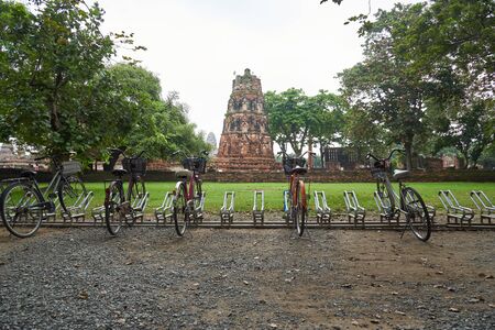 Ayutthaya, Thailand-September 8, 2018: Bicycles parking for rent at the entrance of Ayutthaya historical parkのeditorial素材