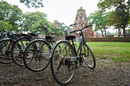 Ayutthaya, Thailand-September 8, 2018: Bicycles parking for rent at the entrance of Ayutthaya historical parkのeditorial素材