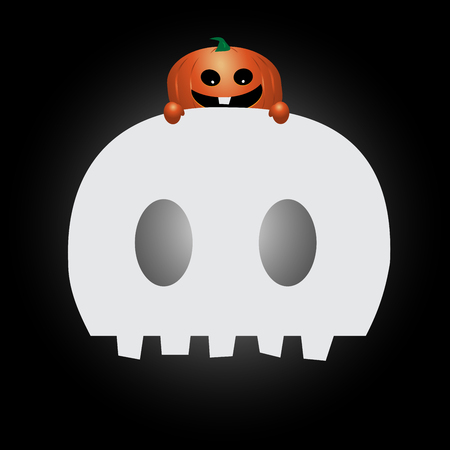 A fun orange pumpkin ontop of the scary skullの写真素材