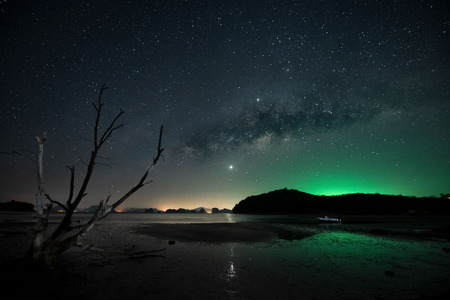 View of beautiful milkyway galaxy from the beach at Koh Yao Noi, Phang-Nga province, Thailandの写真素材