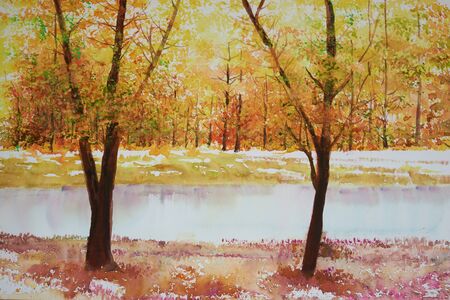 Water color paining of tree leave color change in Fallの写真素材