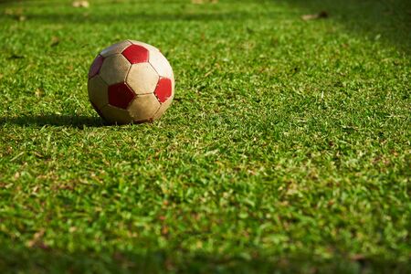 An old red football on the green grass in a sunny dayの写真素材