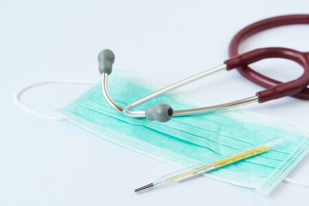 Concepts of medical instrument in for treatment and protection against viral infection. A red...