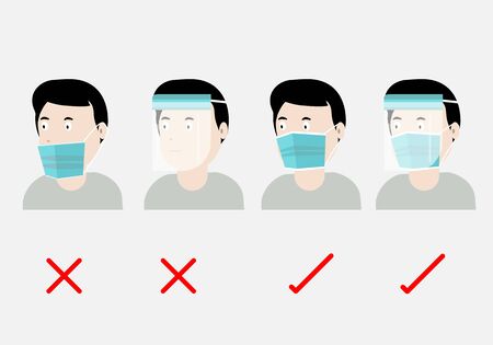 Concepts of how to wear protective mask and face shield correctly. Illustration of man wearing protective hygienic mask and face shield correctly and incorrectly. Vector illustration.のイラスト素材
