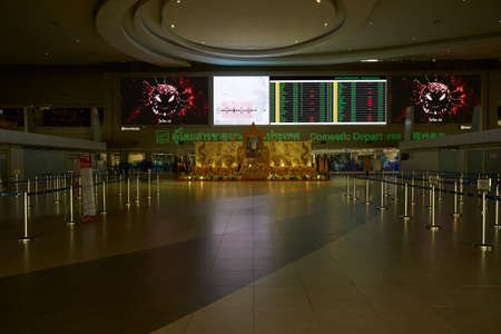 Bangkok, Thailand-April 29, 2020: Quiet airport and no tourists and passengers in the airport...