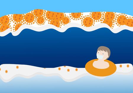 Concepts of second wave coronavirus pandemic outbreak. A man floating a rubber rubber ring in the sea and the bigger second waves of coronavirus outbreak.のイラスト素材