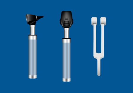 Group of neurological examination instruments including ophthalmoscope, otoscope and tuning forkのイラスト素材