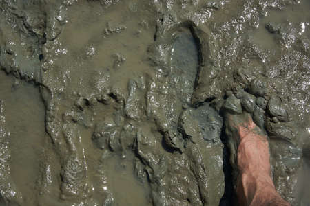 A mud foot during walking on the beach during low tide