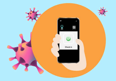 Concept of application for tracking coronavirus outbreak in smartphone. Check in and out by scan QR...
