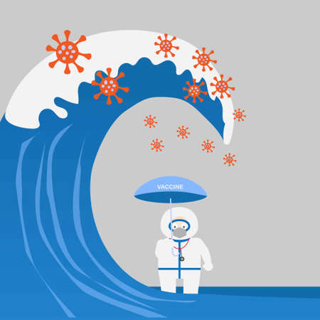 Concept of coronavirus outbreak and vaccine protection. Illustration of doctor holding umbrella and tall wave of coronavirusのイラスト素材