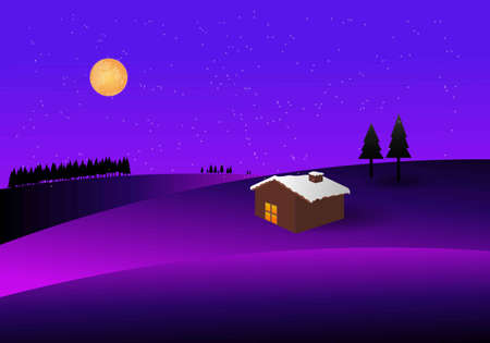 Winter landscape. Vector illustration of wooden hut, snow, full moon, pine trees and mountain.のイラスト素材