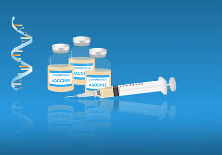 Concepts of messenger or mRNA vaccine for coronavirus pandemic protection. Illustration of syringe with needle, bottles of vaccine for immunization and reflection.の写真素材