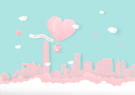 Happy Valentine day. Heart shape balloon with lover couple flying in the sky over city. Vector illustration.のイラスト素材