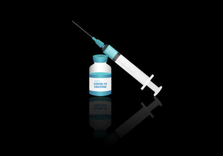 Vaccine for covid-19 or coronavirus protection. Illustration of syringe with needle and a bottle of vaccine for immunization on black background with reflection.の写真素材
