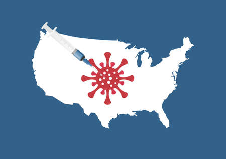 Concept of vaccination against covid-19 pandemic in United States of America. Illustration of syringe injecting coronavirus and USA map.のイラスト素材