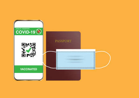 Travel in newnormal concept. Illustration of passport, digital vaccine passport identificate of covid-19 vaccination on mobile phone and face mask.Vector illustration.のイラスト素材