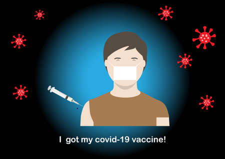 Concepts of vaccination protecting from covid-19 pandemic. Illustration of vaccination and adult man protecting from covid-19 or coronavirus pandemic. Vector illustration.のイラスト素材