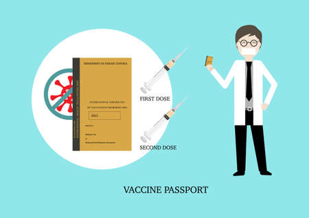 Vaccine passport for travel after two doses of covid-19 vaccination. Vector illustration of doctor holding vaccine passport and two doses of vaccination against coronavirus pandemic.のイラスト素材