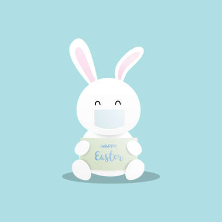 Happy easter. Cute rabbit wearing facemask on blue background. Vector illustration.のイラスト素材