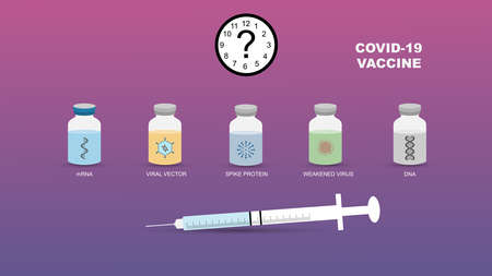 Concept of how long immunity will last for each covid-19 vaccine type after vaccination.  Illustration of different types of coronavirus vaccines and clock.の写真素材