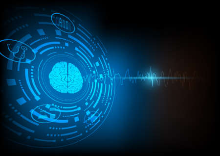 Focal seizure. Illustration of human brain and electroencephalograhy or EEG originating from one...
