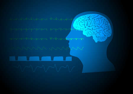 Illustration of human brain and vital signs on monitoring during neuroanesthesia.