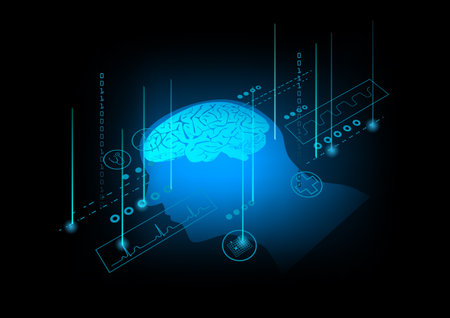 Illustration of human brain on technology background. Icons of medical signs.のイラスト素材