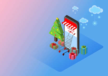 Merry Christmas. Shopping online with mobile store. Shopping cart, gifts and pine tree.のイラスト素材