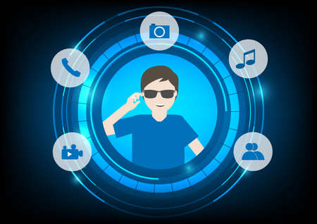 Smart glasses technology on futuristic background. Man wearing eyeglasses for taking picture, phone...