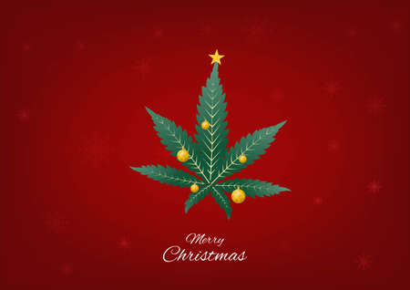 Merry Christmas. Christmas marijuana decorated with Christmas star and balls on red background with snowflakes.のイラスト素材