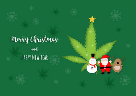 Merry Christmas. Santa Claus, reindeer and snowman on marijuana leaf background.の写真素材