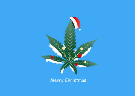 Merry Christmas. Christmas marijuana decorated with Santa hat and balls on blue backgroundのイラスト素材