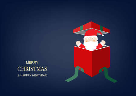 Merry Christmas and happy new year. Open gift box and Santa Claus inside on blue background. Vector illustration.のイラスト素材