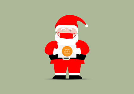 Merry Christmas. Happy Santa Claus wearing face mask showing placard with "I got my covid-19 vaccine".のイラスト素材