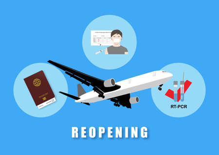Reopening airplane traveling in covid-19 pandemic. Requirement including passport, fully vaccination with immunization certificate and passed RT-PCR test.のイラスト素材