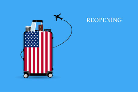 Concepts of airplane travel in United States of America after covid-19 pandemic. Illustration of USA flag on luggage, camera, face mask, vaccine passport and sunglasses.のイラスト素材