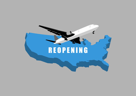 Reopening airplane travel in America after pandemic. Illustration of airplane and USA map.のイラスト素材