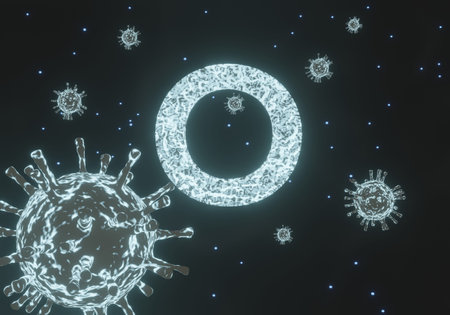 Microscopic view of covid-19 omicron variant or B.1.1.529 and letter of omicron in Greek alphabet....