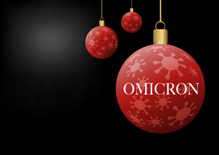 Concepts of Chirstmas balls and covid-19 omicron variant or B.1.1.529 pandemic on black background.のイラスト素材