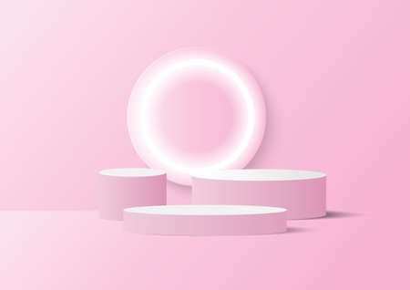 Podiums and neon ring. Scene of pink product display background. Vector illustration.のイラスト素材