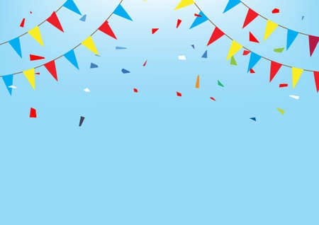 Background colorful bunting flags hanging and confetti.のイラスト素材