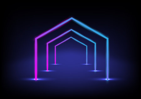 Abstract geometric neon tunnel technology background.の写真素材