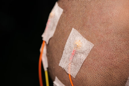 <p>Close-up view of scalp electrodes placement and paper tapes during scalp electroencephalography...