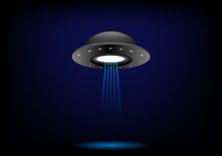 <p>UFO. Unidentified flying object on futuristic dark blue background. Vector illustration.</p>のイラスト素材